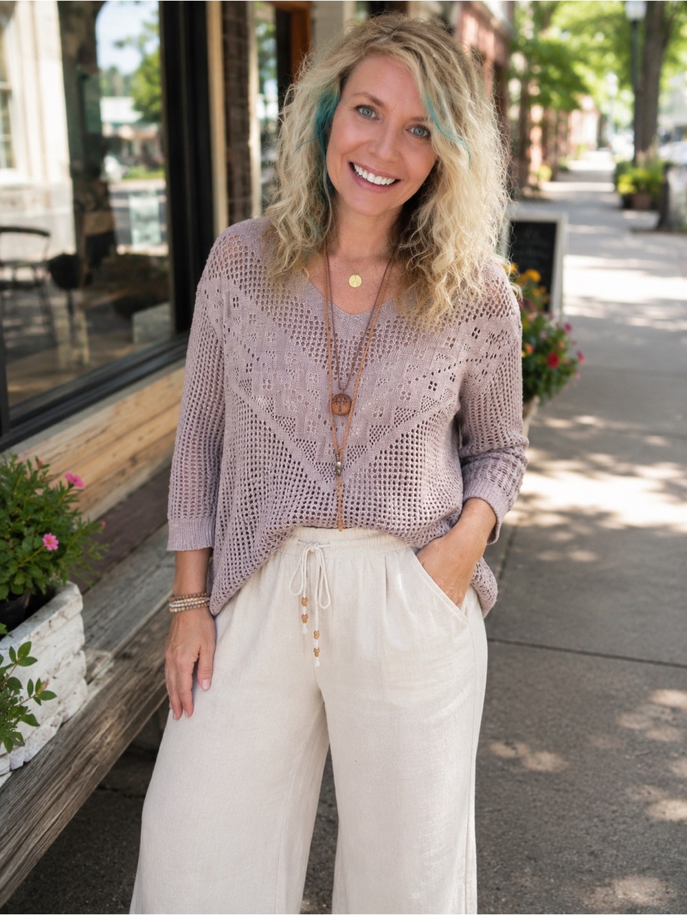 American Eagle Open Knit Crochet Sweater Taupe Boho Medium